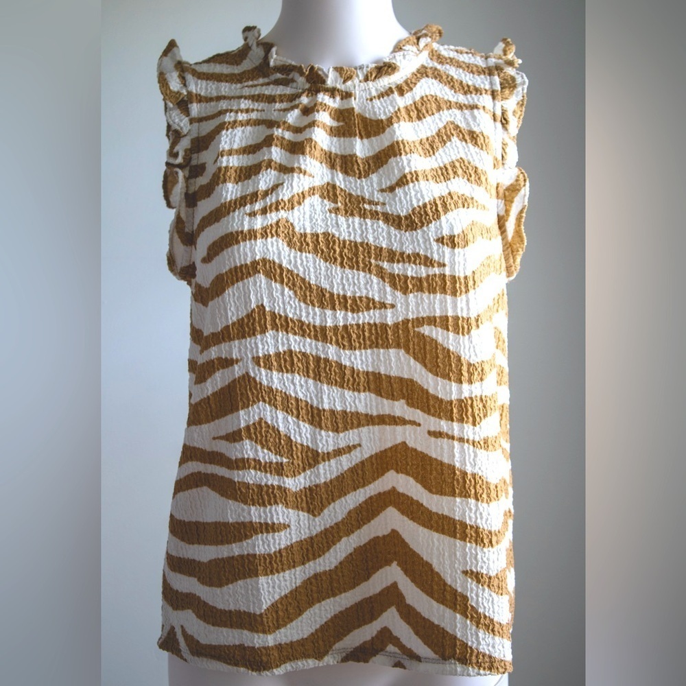 New! Loft Tiger Print Textured Ruffle Women’s Top in Desert Dune Size Medium